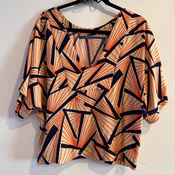 The Odells Geometric Top Orange Blue Tan V-Neck Back Pullover Short Sleeve Sz S - Picture 3 of 5